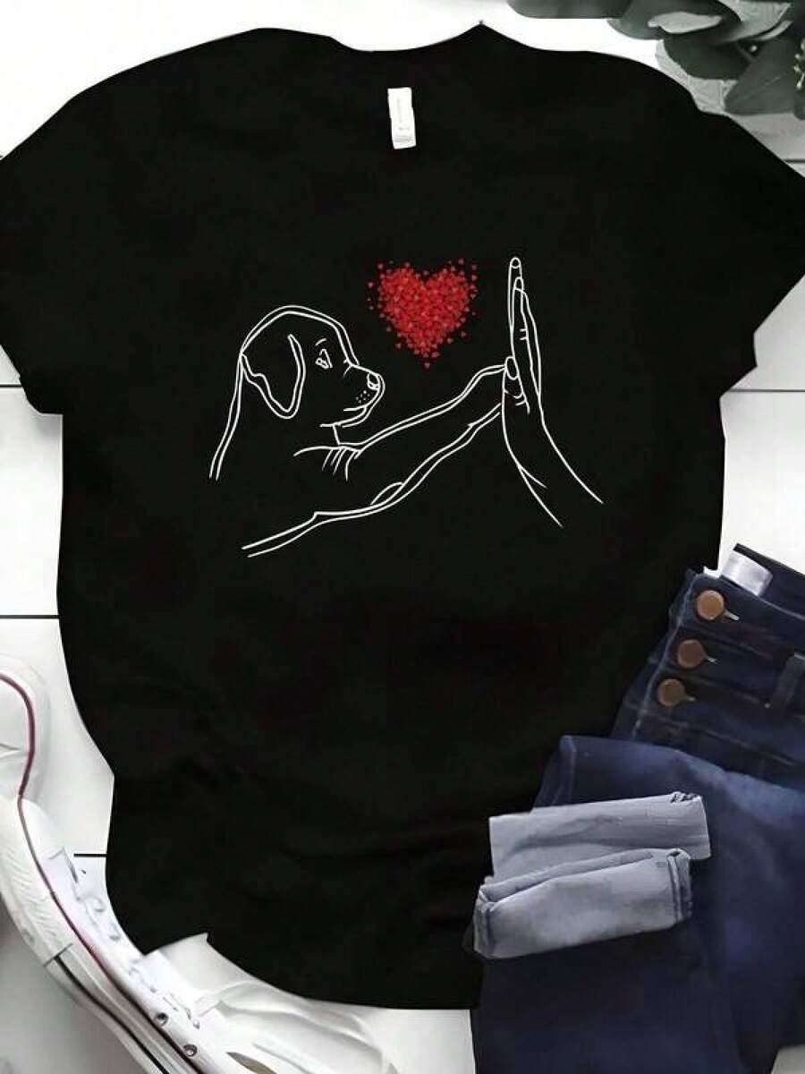 1 Pieza Playera Casual Unisex Estilo TendenciaCamiseta única y moderna con diseño Y2K de un perro mostrando amor con una mano y un corazón brillante, perfecta para amantes de los animales y la moda contemporánea, ideal para resaltar tu estilo en cualquier ocasión. - Negro - Ver 1
