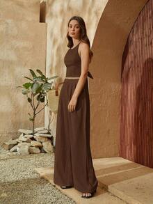 trasero de espalda abierta Top halter & Pantalones de pierna ancha - Marrón - Ver 4