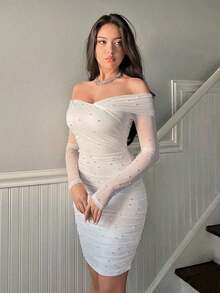 de mujer blanco con hombros descubiertos y perlas falsas, elegante vestido de mujer con contraste de malla, fruncido, cremallera, manga larga descubierta del hombro, ajuste ceñido, manga recta corta blanca, vestidos cortos sencillos de muj - Blanco - Ver 4