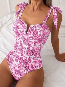 Swim Basics 1 pieza Traje de baño de una sola pieza con estampado sólido y floral y tirantes de espagueti anudados para mujer - Rosa Roja - Ver 6