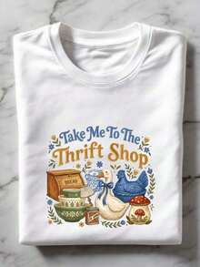 Vintage Secondhand T-Shirt, 'Take Me To The Thrift Store' T-Shirt, Cute Bow And Goose T-Shirt, Gift For Thrifting Lovers, Cottagecore Style Short Sleeve T-Shirt TF3277 - 白色 - 查看 4