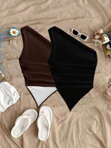 2 piezas de blusas de verano para mujer con dobladillo asimétrico y tirantes, color negro y rojo, adecuado para el verano - Multicolor 2 - Ver 4
