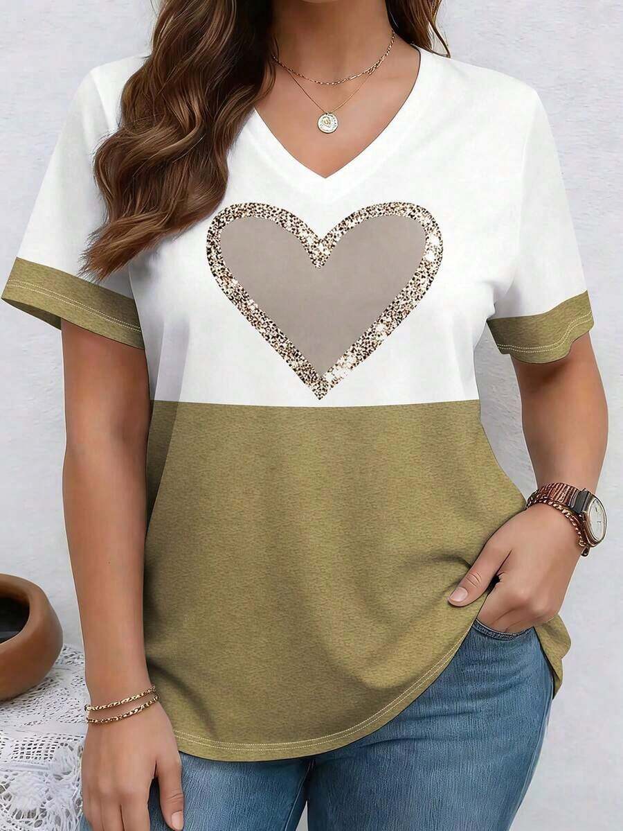 Camiseta casual de manga corta con cuello en V, de talla grande, con estampado de rayas patchwork - Multicolor 4 - Ver 1