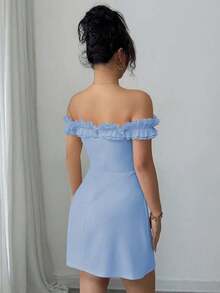 Vestido romántico con hombros descubiertos y volantes en la cintura para mujeres - Azul - Ver 2