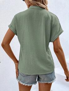 Blusa de mujer de unicolor y cuello en V minimalista de manga corta - Gris - Ver 2