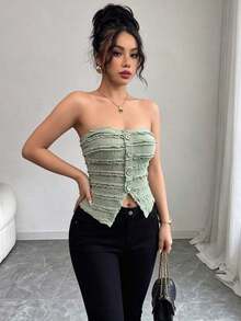 Top corto sin mangas con botones delanteros y estampado de pata de gallo, para uso en oficina o viajes, de moda para el verano - Verde - Ver 6