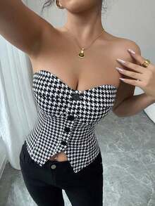 Top corto sin mangas con botones delanteros y estampado de pata de gallo, para uso en oficina o viajes, de moda para el verano - Multicolor - Ver 6