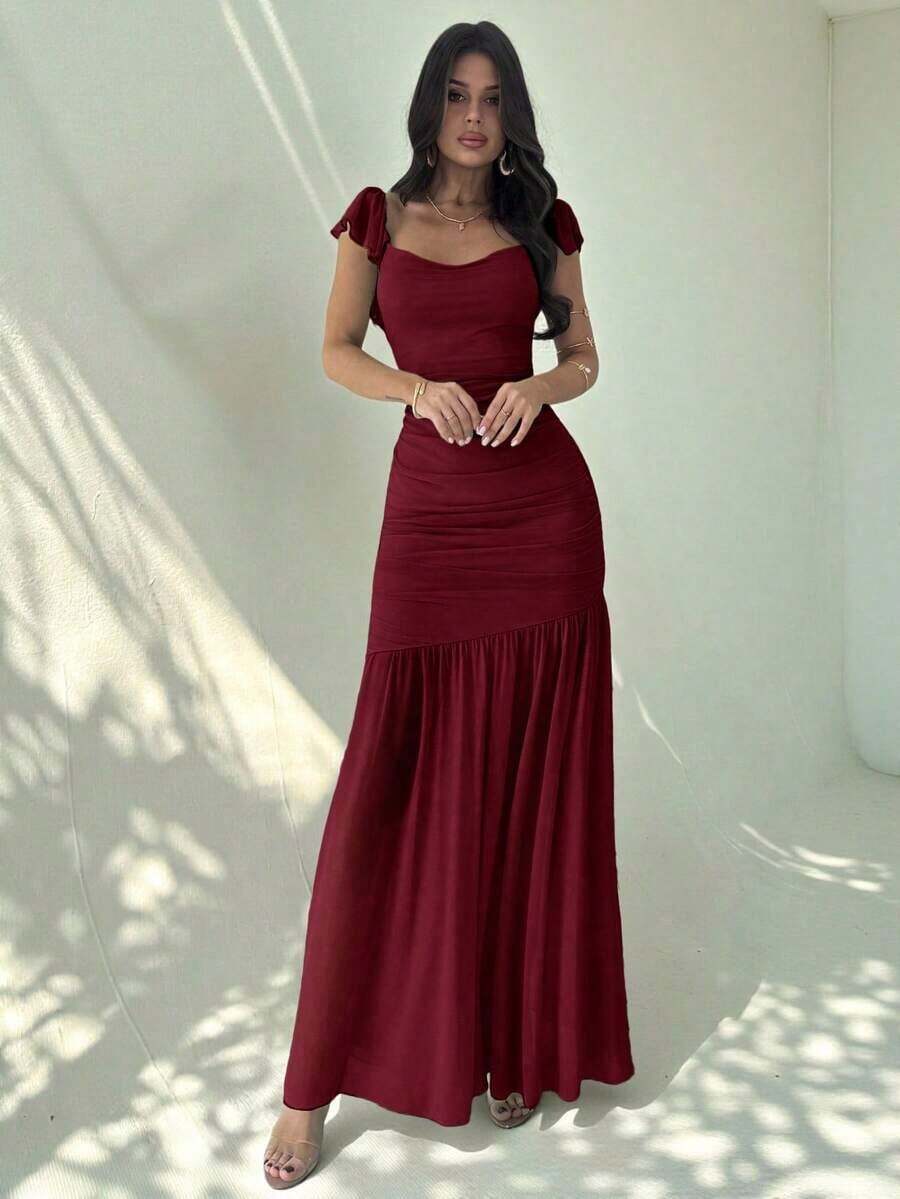 Vestido ajustado con volantes en el bajo, cintura anudada y malla verde elegante para mujeres, adecuado para fiestas, vacaciones, festivales de música, temporada de bodas, brunch, Día de San Patricio, vestidos largos bohemios para mujeres, Fairycore, atuendos de vacaciones, vestidos de graduación, atuendos de playa, atuendos de aeropuerto - Burdeos - Ver 1