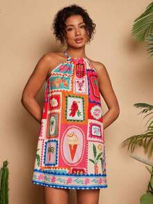 Vestido corto holgado con hombros al descubierto y estampado tejido para mujeres para vacaciones - Multicolor 9 - Ver 5