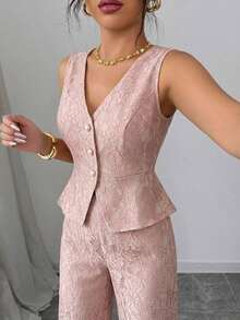 Nuevo traje de encaje casual y elegante para mujer, con contraste de color de encaje y botones de perla, adecuado para el Día de San Valentín, Halloween, vuelta al colegio, primavera/verano, traje de oficina profesional, atuendo de maestra, trayec - Rosa - Ver 4