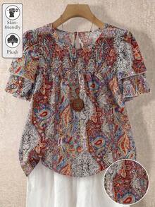 Blusa casual de mujer talla grande de unicolor con cuello redondo, mangas de doble capa, corta, plisada, versátil y de moda para el verano y vacaciones - Multicolor 2 - Ver 7