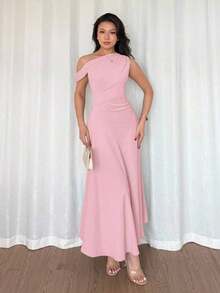 Vestido de cóctel elegante de estilo francés bohemio y chic con detalles de volantes, cuello asimétrico y silueta de línea A en color verde macaron, ideal para vacaciones, días festivos, graduación, citas - Rosa - Ver 5