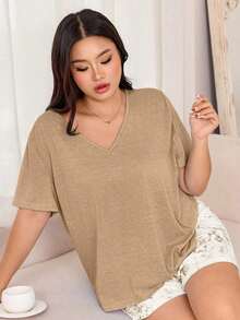 Miss Vinta Women's Plus Size 2-Piece Pajama Set With Short-Sleeve V-Neck Top And Floral Print Shorts. Comfortable Summer Pajama Set For Women With Shorts And Top, Summer Loungewear - 卡其色 - 查看 5