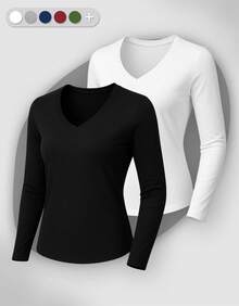 Set Of 2 Long Sleeve T-Shirts, Base Layer Blouses, V-Neck, Slim Fit, Workwear, Winter, Basic, Plain - Hitam dan Putih - View 1