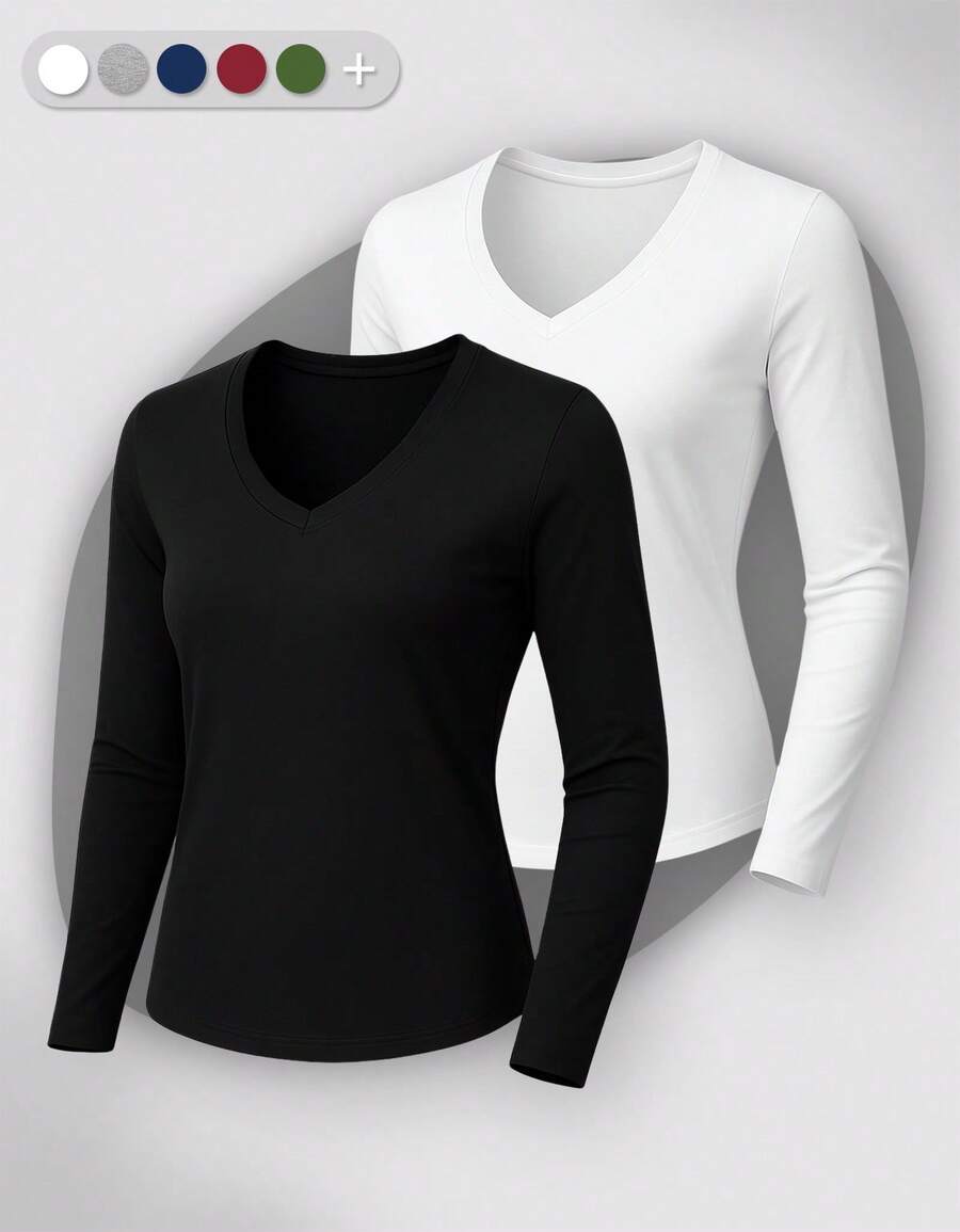 Set Of 2 Long Sleeve T-Shirts, Base Layer Blouses, V-Neck, Slim Fit, Workwear, Winter, Basic, Plain - Hitam dan Putih - View 1