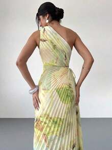 Vestido de mujer nuevo con estampado de teñido anudado asimétrico, cintura hueca, volantes en el bajo y un solo hombro, vestido elegante y romántico para citas y vacaciones, vestido de verano para mujer, tono de color suave, adecuado para atuendo de playa - amarillo ganso - Ver 2