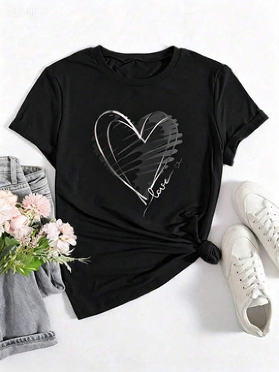 Short-Sleeved T-Shirt With A -Style Print. This Basic Style (The Pants Are Just A Styling Suggestion) Features A Relaxed, Loose Fit That Doesn't Require You To Be Tall Or Slim. It's Simple, Elegant, And Timeless. The Fabric Is Lightweight And Breathable, Making It Cool And Comfortable To Wear In Summer. The Fashionable Custom Print Adds A Unique Touch. It's Suitable For Everyday Wear, Hanging Out With Friends, And Lounging At Home, And It's Also Affordable And Versatile. - 黑色 - 查看 1