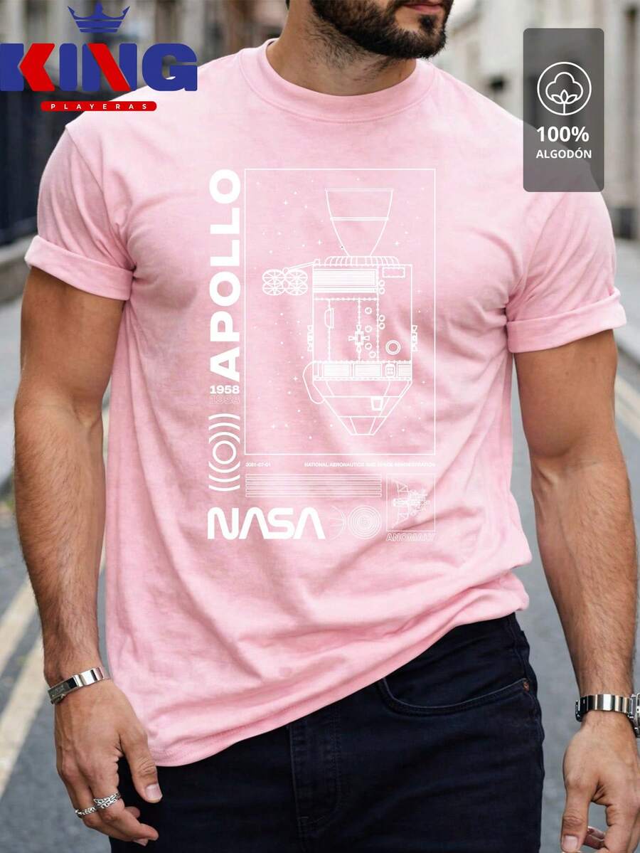 Men's T-Shirt Made Of 100% High-Quality Cotton, This T-Shirt Guarantees Exceptional Softness To The Touch, Round Neck With "NASA WHITE Apollo Mission Diagram" Print On The Front - 粉色 - 查看 1