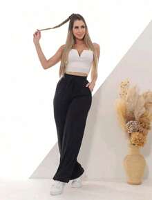 High-Waisted Wide-Leg Pants With Crease, Plain Wool, For Winter. - 黑色 - 查看 1
