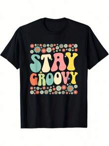 1 Piece Stay Groovy Retro 70s Flower Power Style T-Shirt, For All Seasons, Cotton, With One-Sided Print, Round Neck And Short Sleeves, 180g, 100% Cotton, Designs Are Printed. Unisex. - 黑色 25 - 查看 5