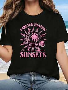 Under The Radar Plus Size, FOREVER CHASING SUNSETS Women's Graphic Print Plus Size T-Shirt, Short Sleeve Crew Neck Casual Top For Summer And Spring, Women's Clothing - Vintage Street Style Unisex Loose Cotton Short Sleeve Crew Neck T-Shirt - 黑色 - 查看 7