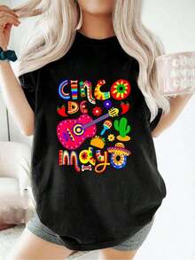 Cool Casual T-Shirt For Cinco De Mayo, Viva Mexico, Mexican Independence Day, Women's T-Shirt With Flag, Short Sleeve, Round Neck, Cotton, For Summer Fashion. - 黑色 3 - 查看 7