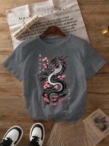 Camiseta casual de manga corta para mujer, con estampado de flor de cerezo y dragón negro, top casual de cuello redondo, adecuada para usar en primavera y verano, ropa de mujer. - Albaricoque - Ver 9