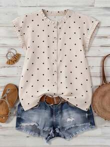 Blusa de mujer con cuello redondo, sin mangas, abotonada, con volantes y estampado de lunares vintage francés, versátil para ir al trabajo, tomar el té por la tarde o uso diario - Multicolor - Ver 4