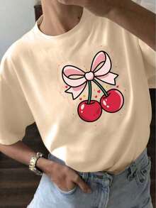 YOCASA Women's Summer Fitted Short Sleeve T-Shirt With Round Neck And Oil Painting Print Of Flowers, Hearts, Cherries, And Lettering. Simple And Casual Fabric, Sporty Style, Ideal For Everyday Wear And A Valentine's Day Date - Unisex Loose Cotton Short Sleeve Round Neck T-Shirt, Urban Vintage Style, Women's Blouses. Casual Blouses For Ladies. - 白色 - 查看 1