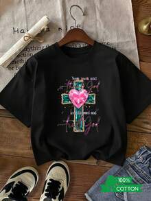 Una camiseta de mujer de manga corta, holgada, moderna, a la moda, retro y elegante, adecuada para actividades al aire libre en primavera y verano, con un estampado de letras y anime a la moda, un diseño sencillo, cómoda y transpirable, ideal para el uso diario informal y versátil, que muestra un estilo natural y elegante, imprescindible para fiestas de verano, enviada localmente, con un diseño de cruz y una gema en forma de corazón rosa.blusas para mujer,blusas casuales para dama,tops,, mujer premium,y2k,playeras de mujer curvy,ofertas y liquidaciones ropa mujer,playeras deportivas para mujer,,playeras de hombre, mujer,blusas>elegante JL7J - Negro - Ver 1