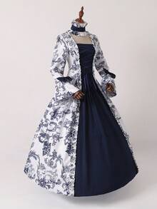 Váy cung đình thời Trung cổ Victoria, váy xòe tay loe Gothic Lolita thời Phục hưng, váy dài tay cổ điển, váy dạ hội in hoa thanh lịch cho kỳ nghỉ - Màu xanh lam - Xem 3
