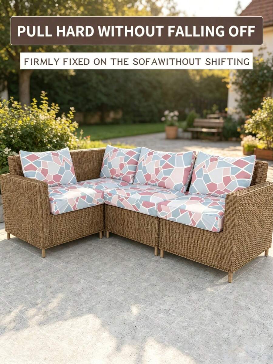 1pc Geometric Pattern High Elastic Sofa Seat Cushion Cover, Polyester Fabric, Full Coverage, Dirt-Resistant, Suitable For Patio, Garden, Pool Side, Various Occasions, Sold Individually, Not A Set