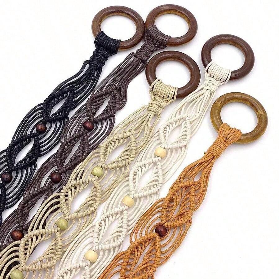 Fashionable Multi-Color Bohemian Retro Wax Rope Handmade Wooden Hollow Circle Woven Belt, Suitable For Dresses, Preppy Style, Autumn, Halloween - Multicolor - View 1