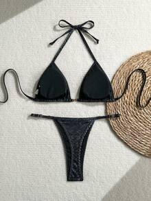 Snake Skin Print Sexy Backless Lace-Up Swimwear, Suitable For Beach & Holiday In Summer Vacation - Black - View 3