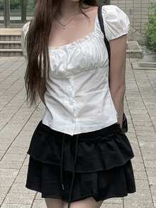 Korean Style Summer Minimalist Ruffle Lace Patchwork Short Sleeve Blouse White - White - View 2