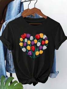 Women's Tops, Women's T-Shirts, Mother's Day, Casual Blouses For Ladies, Women's Tops, 2000s Style, Casual Short-Sleeved T-Shirt With Round Neck And Heart-Shaped Tulip Print, Perfect For Everyday Wear And Holiday Gifts. - 黑色 - 查看 1
