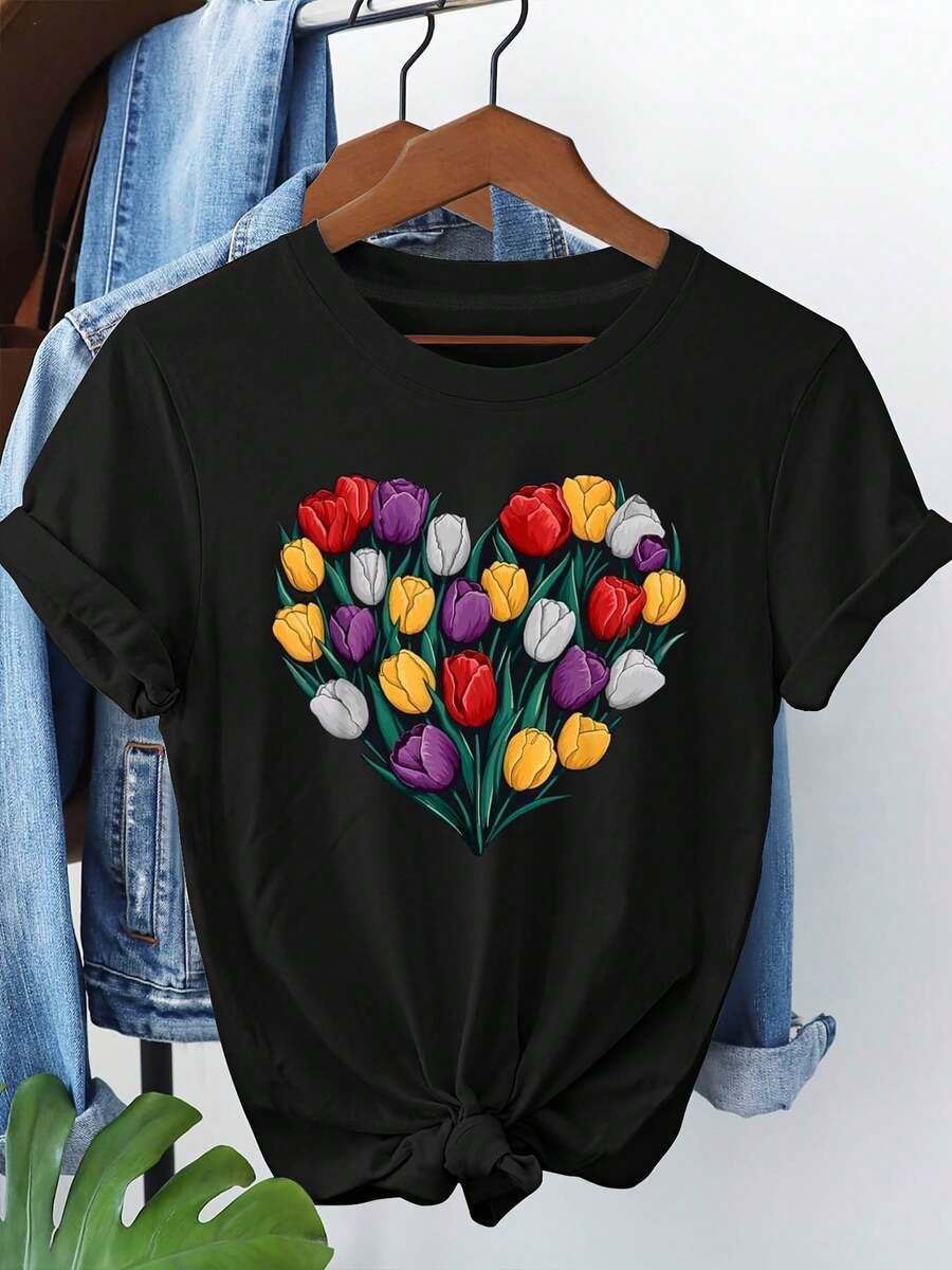 Women's Tops, Women's T-Shirts, Mother's Day, Casual Blouses For Ladies, Women's Tops, 2000s Style, Casual Short-Sleeved T-Shirt With Round Neck And Heart-Shaped Tulip Print, Perfect For Everyday Wear And Holiday Gifts. - 黑色 - 查看 1