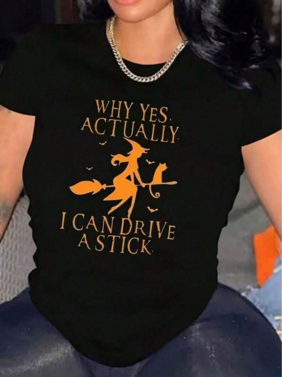 Women's Casual Everyday T-Shirt With Witch And Cat Print Design "I Can Drive A Stick", Casual T-Shirt Suitable For Daily Leisure - Unisex Urban Vintage Style, Loose Fit Short Sleeve Cotton T-Shirt With Round Neck, 100% Pure Cotton - 黑色 - 查看 1