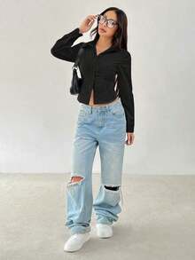 Camisa básica de manga larga informal con cintura recogida - Negro - Ver 6