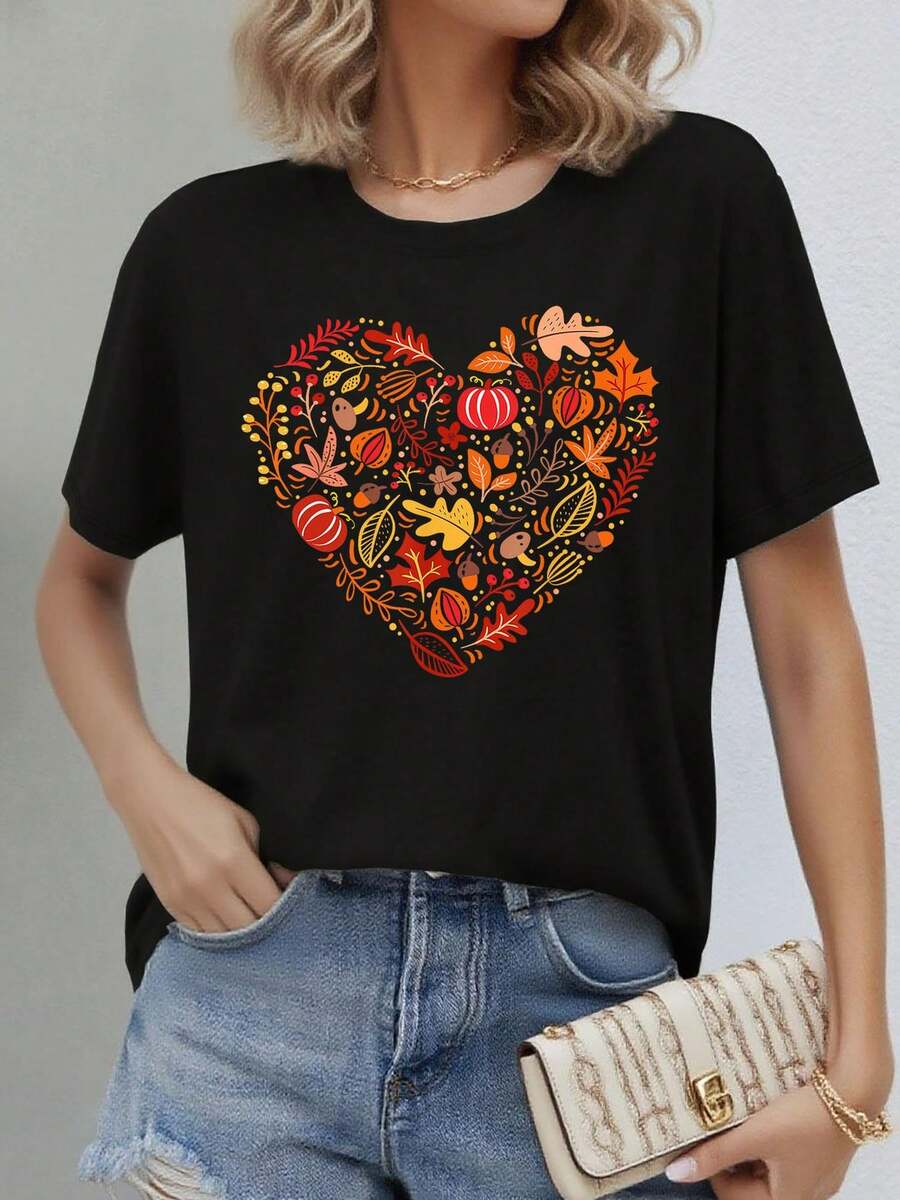 Women's Premium Short Sleeve Crew Neck T-Shirt - Autumn Heart Print Top | Machine Washable Casual Basic Tee, Suitable For Layering In Spring And Summer, Lightweight Casual Wear, A Four-Season Wardrobe Essential. . - 黑色 - 查看 1