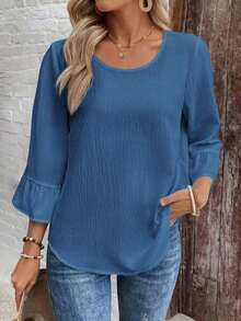 Camisa de mujer de unicolor, minimalista y casual de cuello redondo y manga larga - Azul - Ver 4