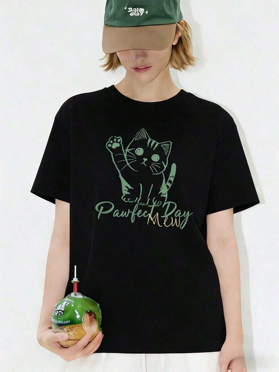 Women's T-Shirt With A Cute Kitten Print, Super Cool And Comfy! A Printed T-Shirt For Casual Looks, Perfect For Cat Lovers In Mexico. Your New Favorite! - 黑色 - 查看 1