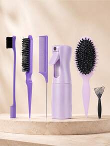 Bộ dụng cụ tạo kiểu tóc 6 món, bao gồm bình xịt, lược đuôi nhọn, lược chải cạnh, lược dẹt, lược chải tóc, thích hợp cho tóc giả, tết tóc, buộc tóc đuôi ngựa, uốn tóc và tạo kiểu tóc hàng ngày. - Nhiều màu - Xem 12