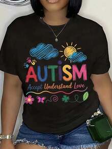 Women's Cotton T-Shirts, Autism Awareness T-Shirt, Colorful Accept, Understand And Love Design For Autism Support And Promotion, Perfect For Autism Awareness Month And Special Needs Events, Women's Basic Blouses. - 黑色 - 查看 7