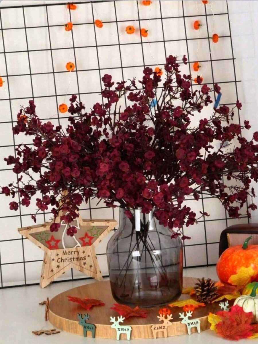 人造秋季花束深紅色梅花仿真花適用於花瓶家居裝飾感恩節聖誕節裝飾不含花瓶