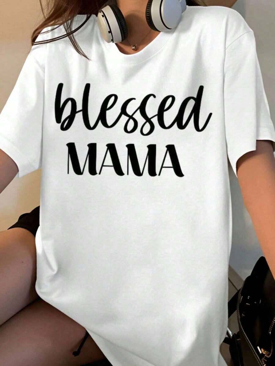 Blessed Mama Women's T-Shirt, Casual, Short Sleeve, Graphic Print, Mother's Day Gift, Fashion Top, Summer Clothing - 白色 - 查看 1