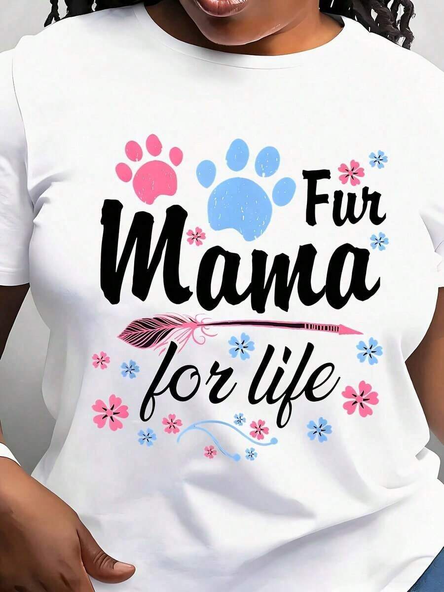 Modern And Minimalist Women's T-Shirt With Paw Print And Flower Design "Fur Mama For Life", Round Neck, Short Sleeve, Everyday Wear, Perfect For Pet Lovers And Animal Enthusiasts. - 白色 - 查看 1