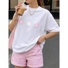 Women's Short Sleeve Floral Print T-Shirt, Sweet Casual Crew Neck T-Shirt, Stylish Graphic Crew Neck Tee, Ideal For Everyday Wear, Valentine's Day Theme, Available In Sizes S-4XL - 白色 - 查看 6