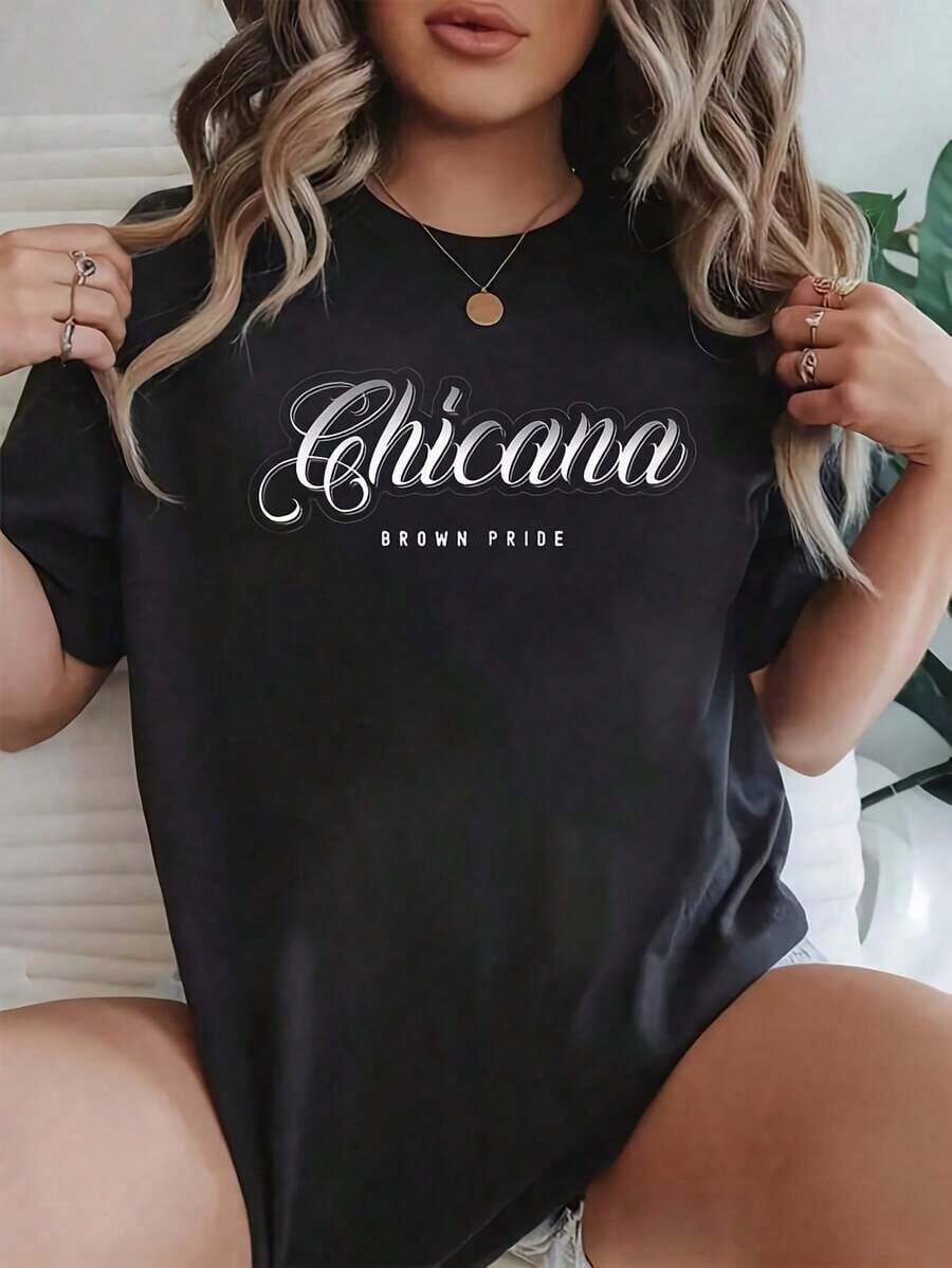 Women's And Unisex Chicana Brown Pride Mexican Latina T-Shirt - 100% Soft And Breathable, Short Sleeve, Crew Neck, With Chicana Writing And Spanish Text (MujerHermandad) - Cultural Gift For Mexican Women, Everyday Casual Wear. - 黑色 - 查看 1