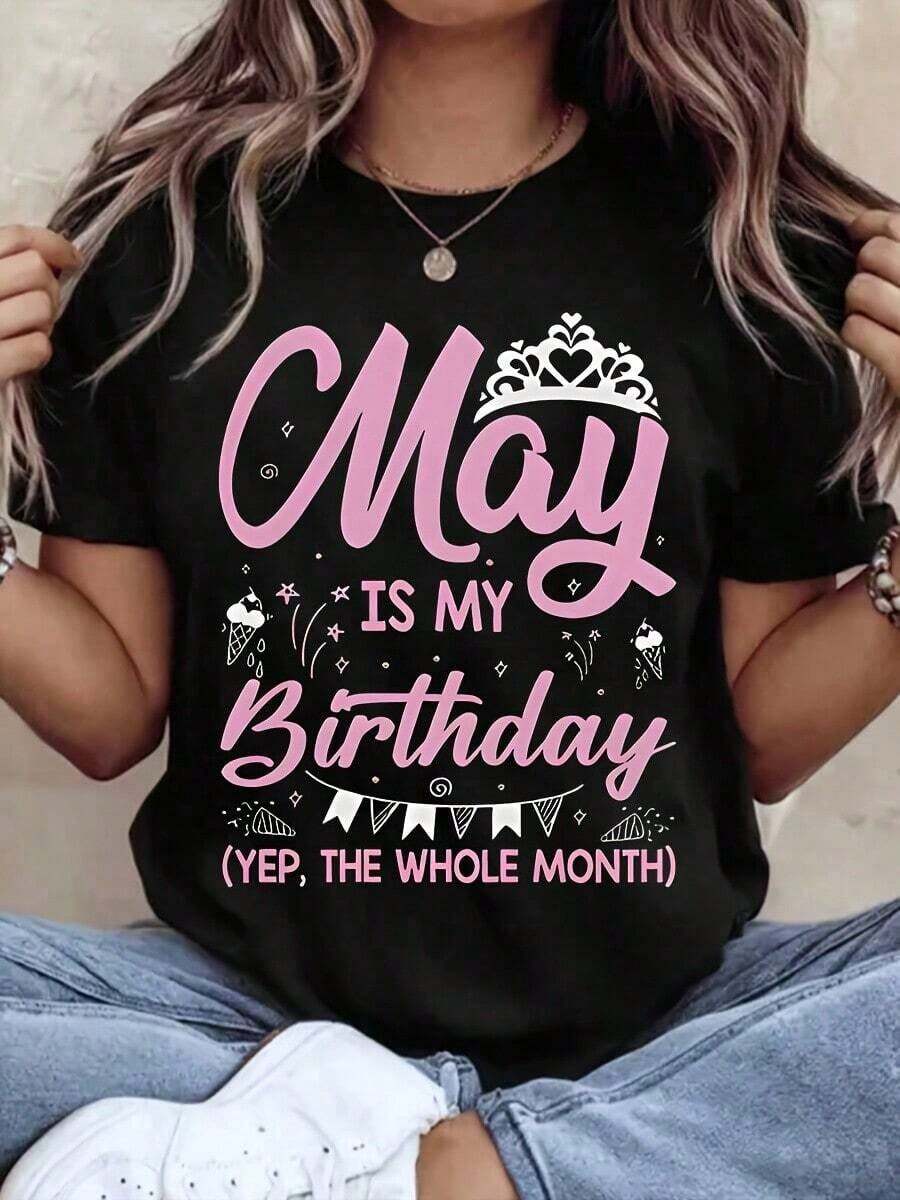 Mexican Women's Crew Neck T-Shirt With Graphic Print 'May Is My Birthday, Yes, All Month Long', Short Sleeve For Casual Wear, Party, Celebration, Birthday Gift, Summer Fashion Cotton T-Shirt - 黑色 - 查看 1